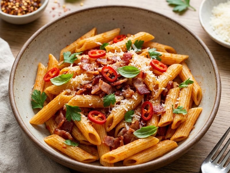 Penne all'arrabbiata with bacon and chili