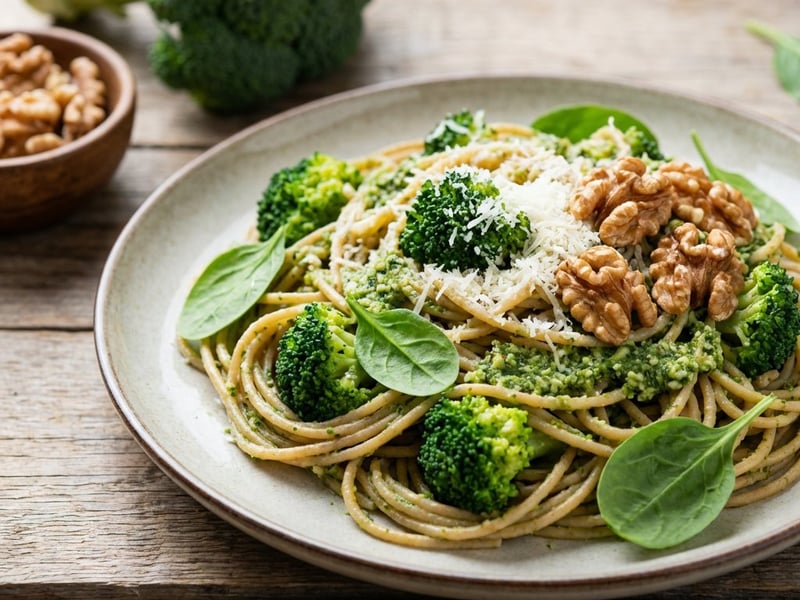 Whole wheat pasta with broccoli and walnut pesto