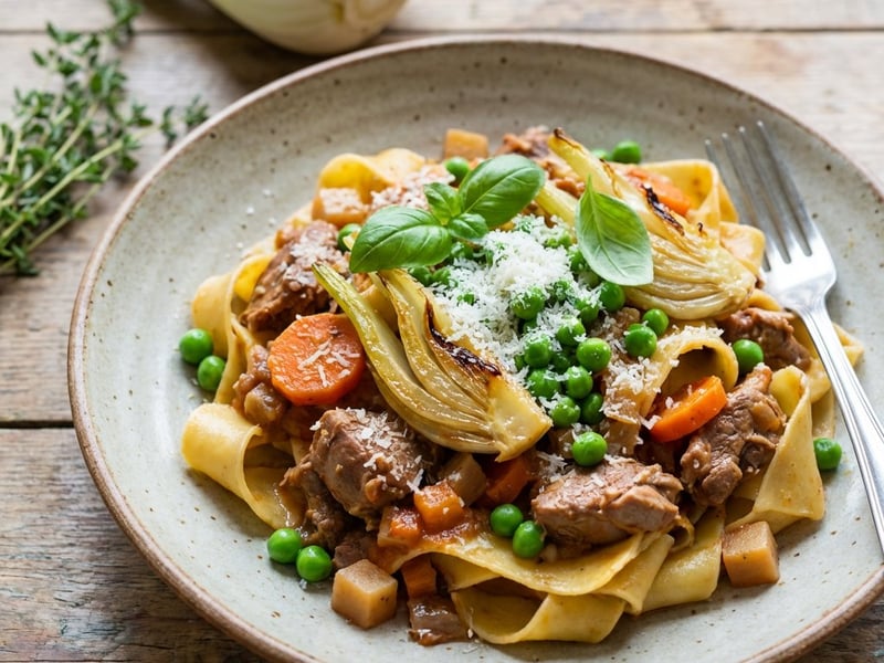 Pappardelle cu ragu de iepure, mazăre și fenicul