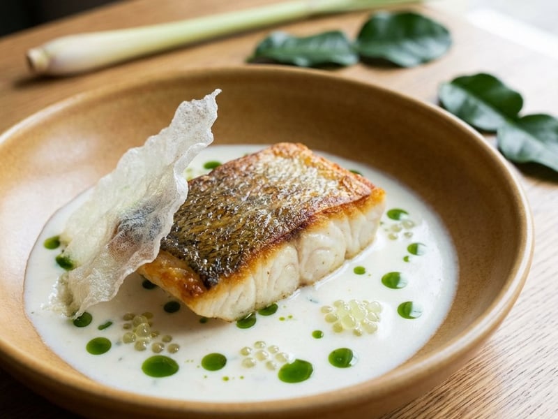 Cod with Tom Kha Sauce and Lime Caviar