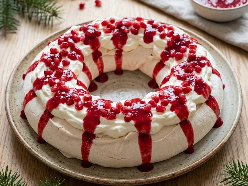 Coroniță Pavlova cu rodie și sos de zmeură