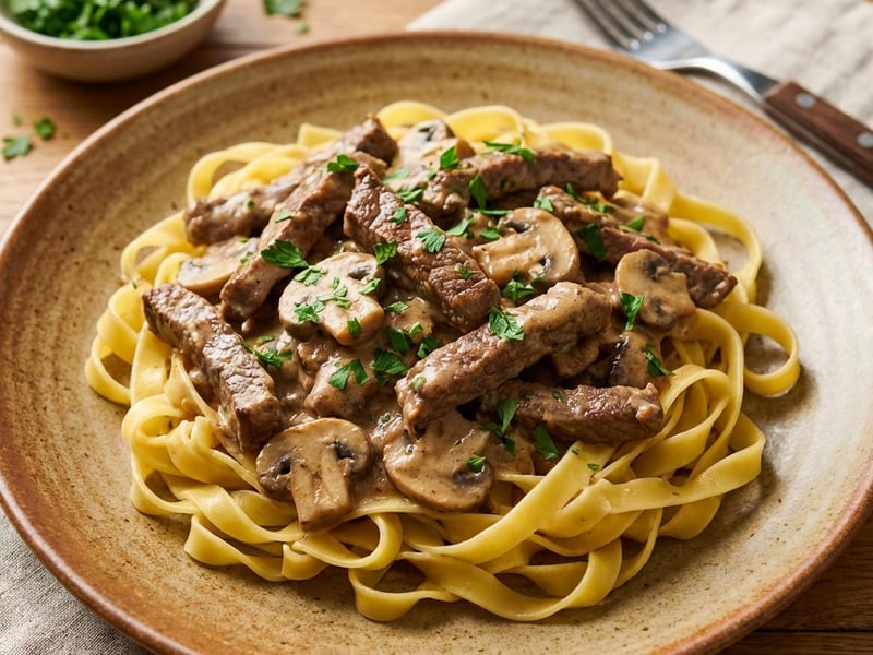 Vită Stroganoff cu ciuperci și tagliatelle
