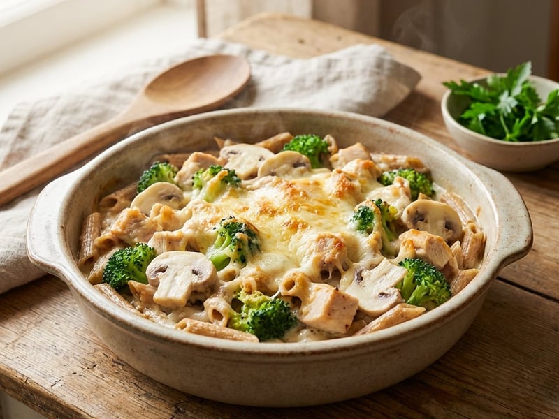 Gratin pasta with chicken, mushrooms, and broccoli