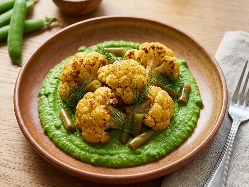 Pea puree, roasted cauliflower, and pickled green beans