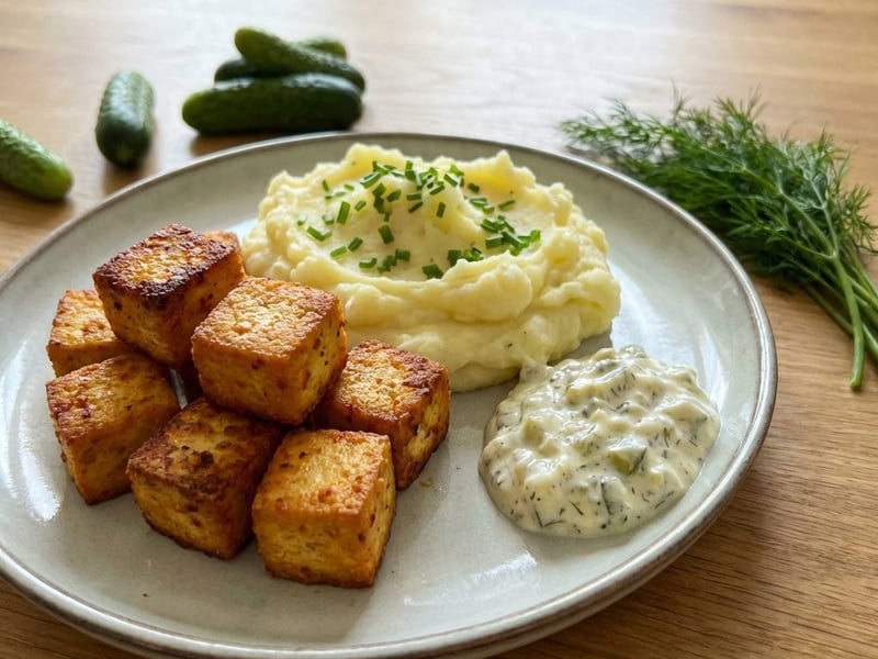 Tofu de linte roșie făcut în casă cu piure și sos tartar