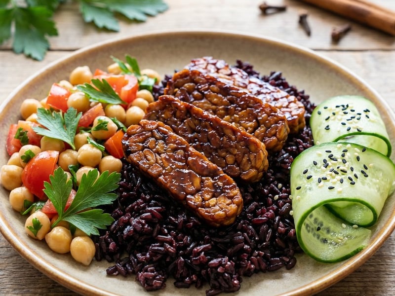Caramelized Tempeh with Black Rice and Chickpeas