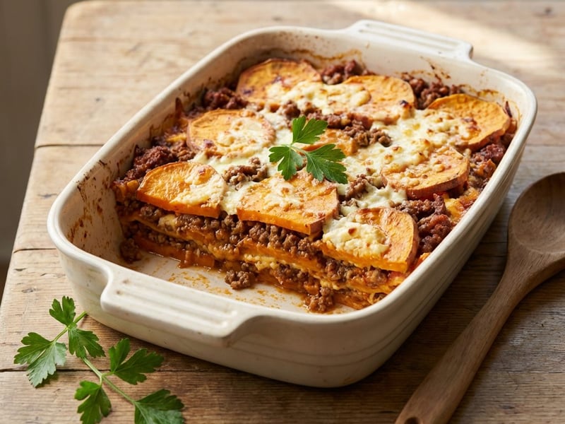 Lasagna de cartofi dulci cu vită și brânză cottage