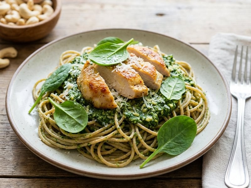 Spaghetti with spinach pesto and chicken