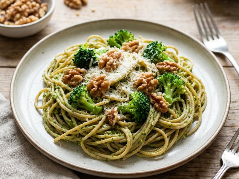 Paste integrale cu pesto de broccoli și nuci