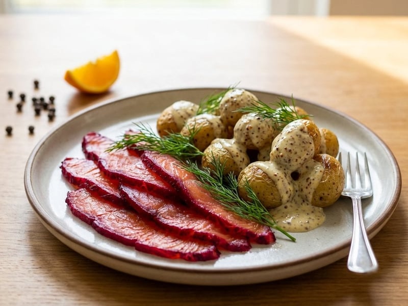 Gravad lax with beetroot and mustard potatoes