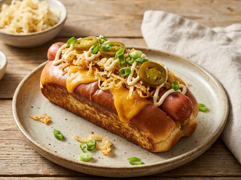Hotdog cu cheddar și varză crocantă