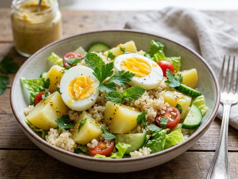 Salată de cartofi cu ouă și quinoa