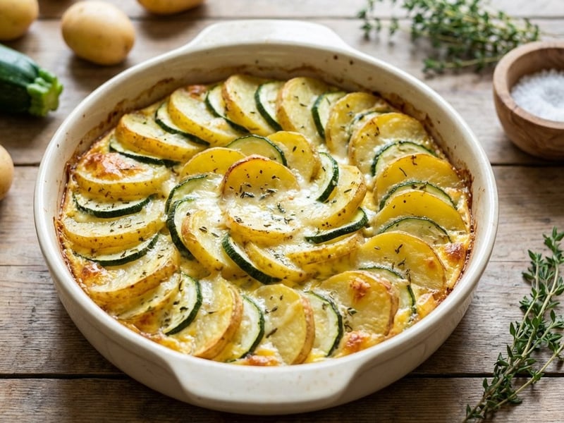 Cartofi gratinați cu dovlecei și mozzarella