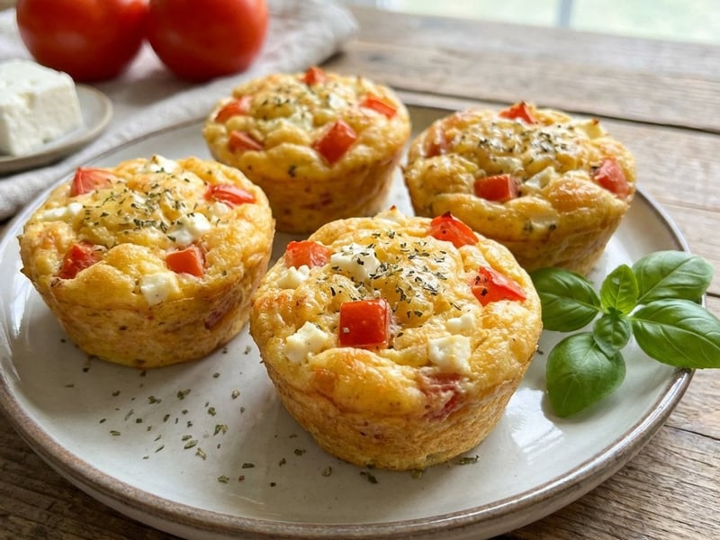 Appetizer Muffins with Eggs, Tomatoes, and Telemea Cheese