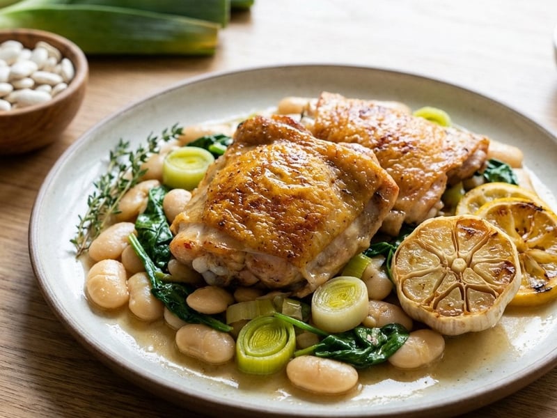 Chicken with Leeks, Butter Beans, and Spinach Baked