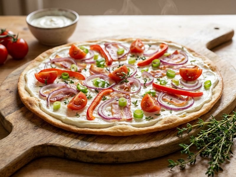 Flammkuchen cu bacon și legume proaspete