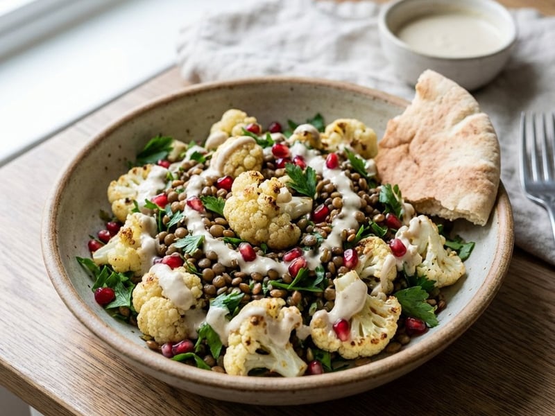 Lentil Salad with Roasted Cauliflower and Tahini Dressing