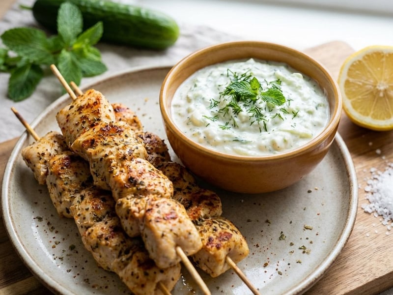 Souvlaki de pui cu sos tzatziki răcoros