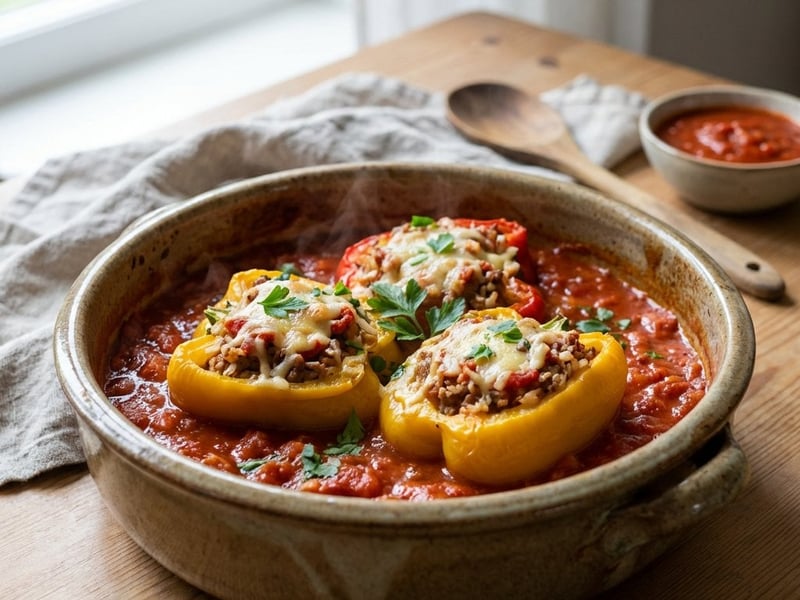 Ardei umpluți cu carne tocată în sos de roșii