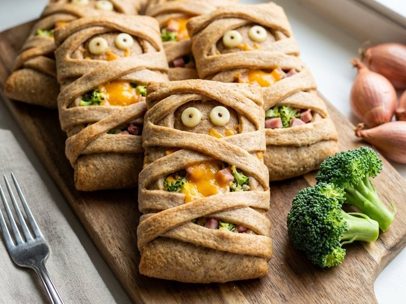 Mummy parcels with broccoli, ham, and cheese