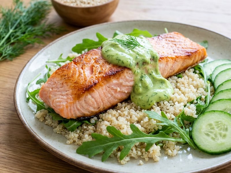 Somon cu quinoa și sos de avocado
