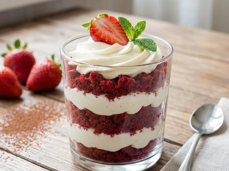 Desert Red Velvet la pahar cu mascarpone și căpșune