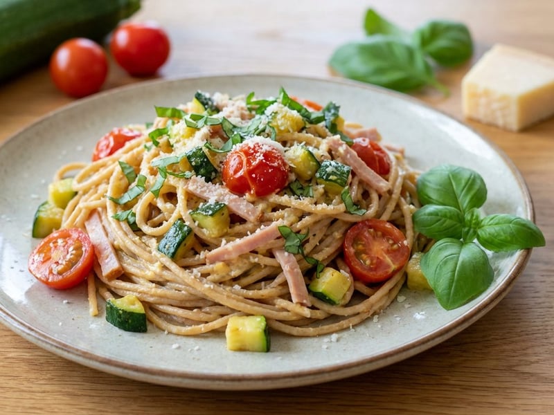 Paste Carbonara cu șuncă și dovlecei