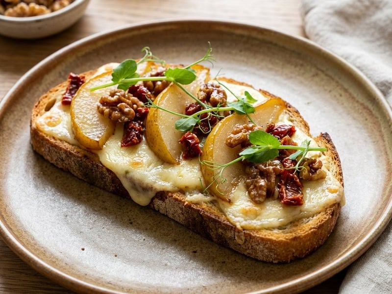 Raclette Cheese Toast with Sun-Dried Tomatoes and Grilled Pear