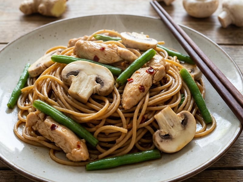 Chow mein cu pui și spaghete integrale