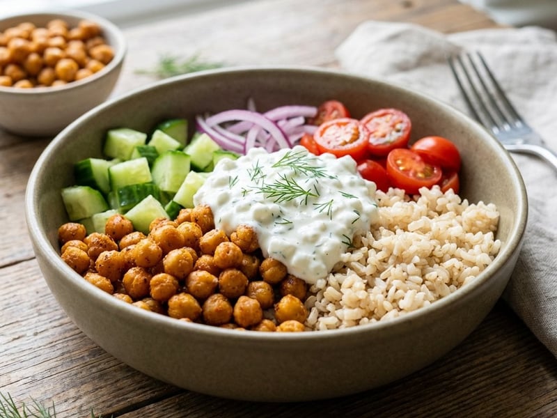 Bowl with baked chickpeas and whole grain rice