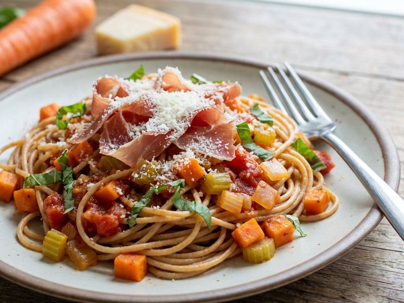 Spaghete integrale cu sos de roșii și șuncă Jamon Serrano