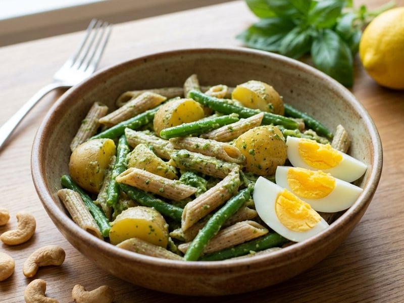Pasta salad with potatoes and basil pesto