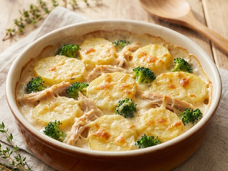 Cartofi gratinați cu pui și broccoli