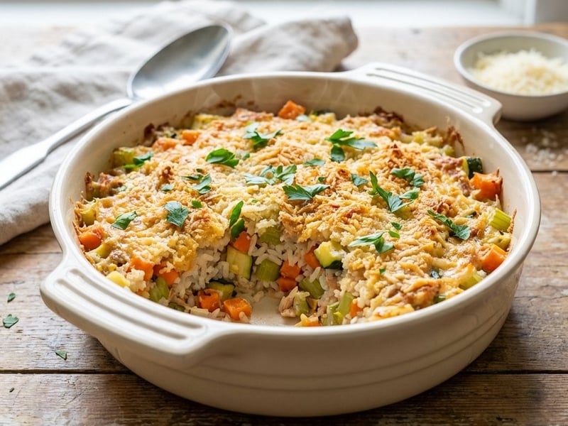 Baked tuna pudding with rice and vegetables