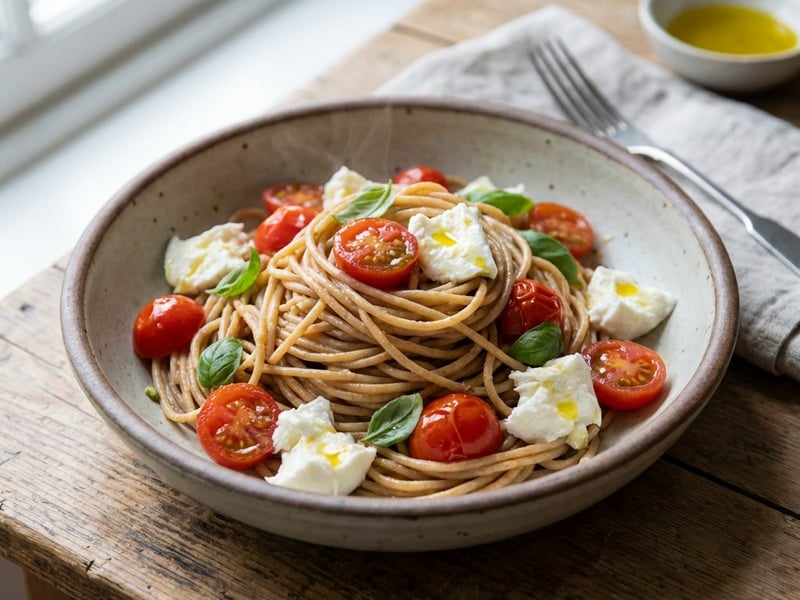Paste Caprese cu roșii cherry și mozzarella
