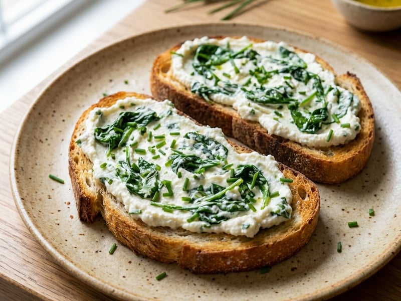 Toast cu ricottă bătută și spanac baby