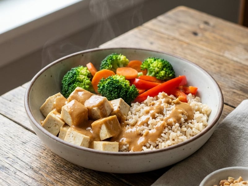 Tofu with rice and peanut sauce