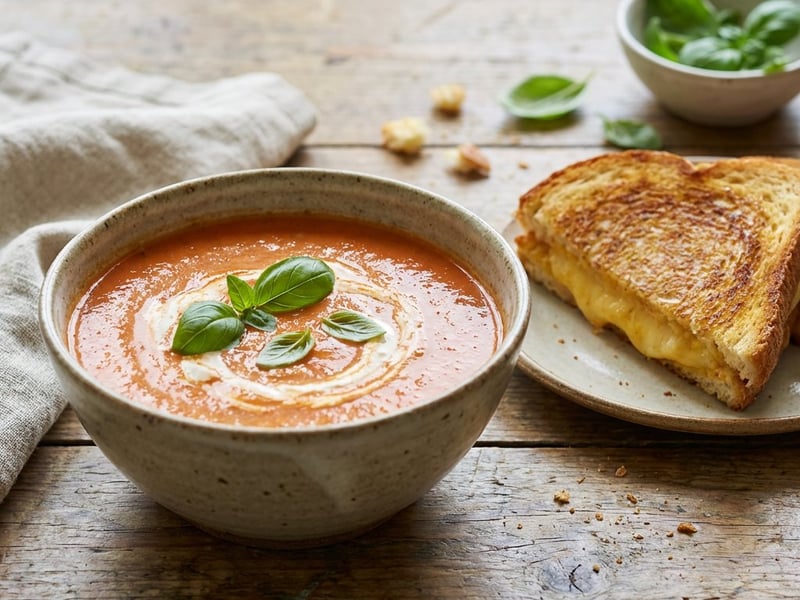 Tomato soup with cheddar cheese sandwich