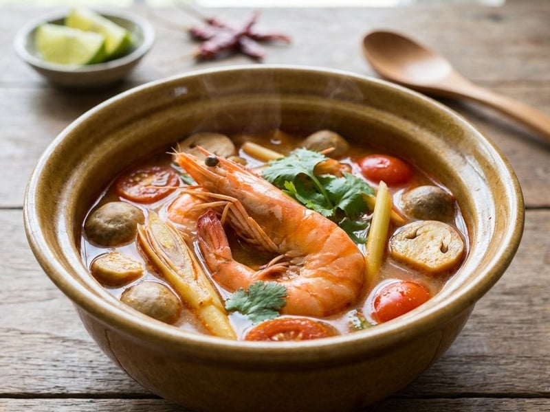 Tom Yum Goong (Supă thailandeză picantă și acrișoară cu creveți)