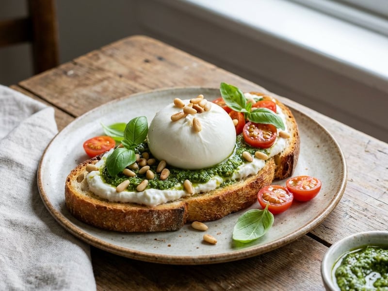 Pâine proaspătă cu pesto, burrata și muguri de pin