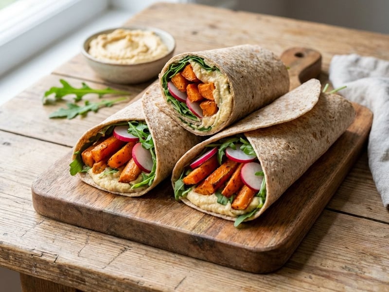 Whole Wheat Wraps with Roasted Carrots, Hummus, and Arugula
