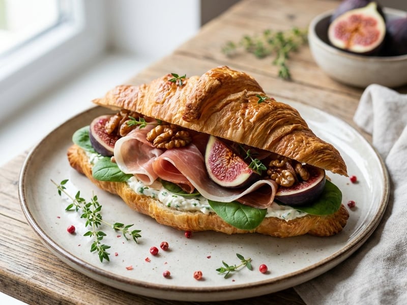 Croissant with cream cheese, prosciutto, and figs