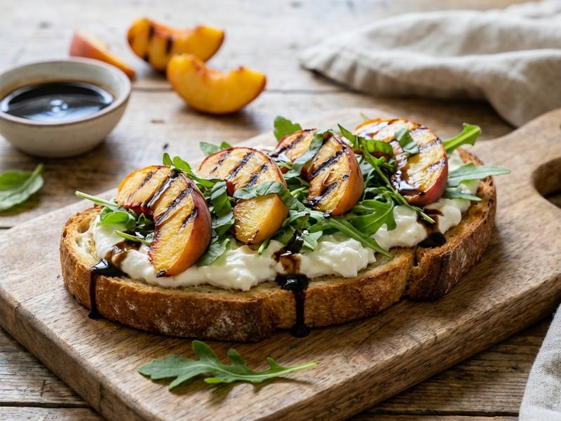 Toast cu burrata și piersici coapte