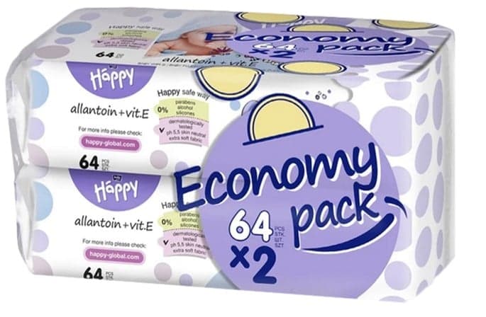 Happy Wipes with Allantoin & Vitamin E, Mega Pack, 64 x 2 Pieces