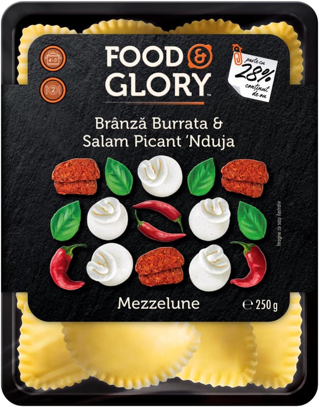 FOOD & GLORY Egg pasta filled with burrata cheese and spicy ‘nduja salami