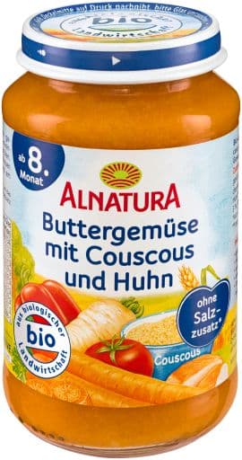 Alnatura ECO Meniu cu legume unse cu unt, cous cous si pui, de la 8 luni