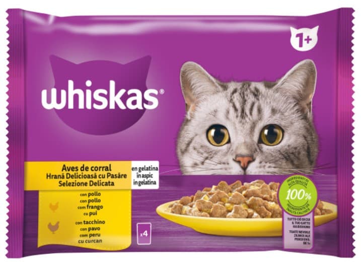 Whiskas hrana umeda pentru pisici adulte cu carne de pasare in aspic 4 x 85 g