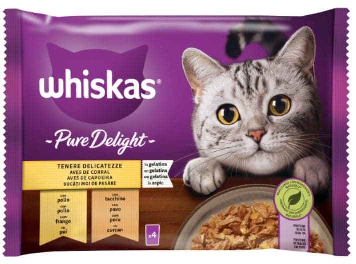 Whiskas Pure Delight hrana umeda pentru pisici adulte cu carne de pasare in aspic 4 x 85 g