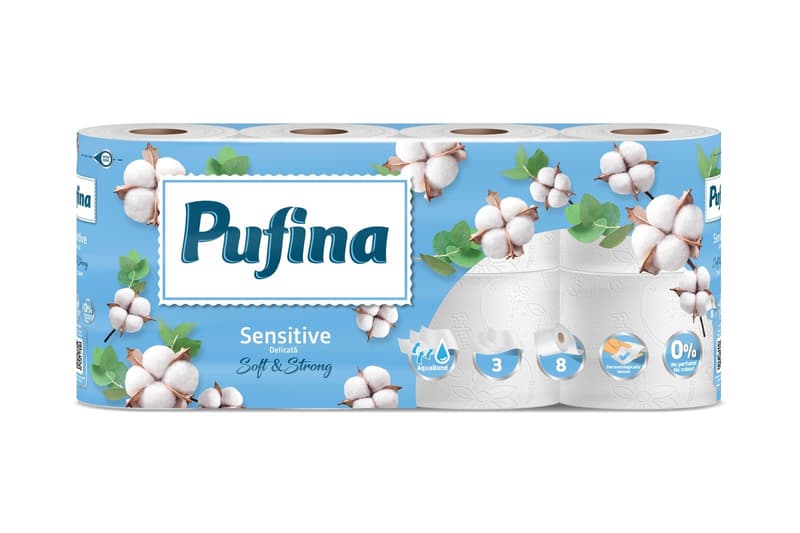 Pufina Sensitive Hartie igienica, 3 straturi, 8 role, alb
