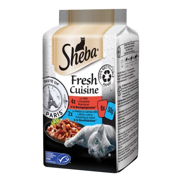 Sheba Taste of Paris hrana umeda pentru pisici adulte, cu vita, peste si ficat de pui 6x50g